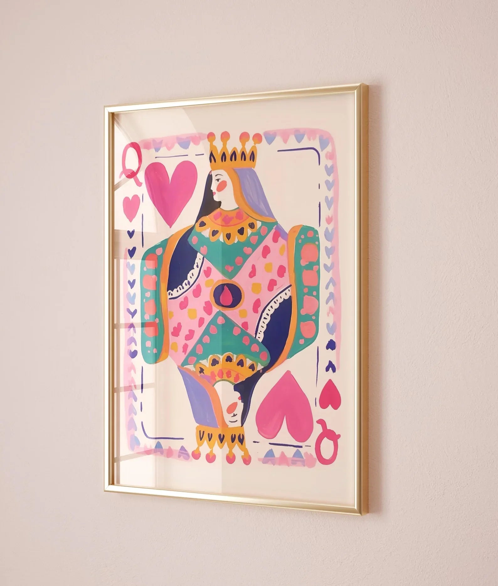 Queen of Hearts Wall Art Print | Colorful Playing Card Digital Download | Maximalist Card Decor | Dopamine Queen Illustration