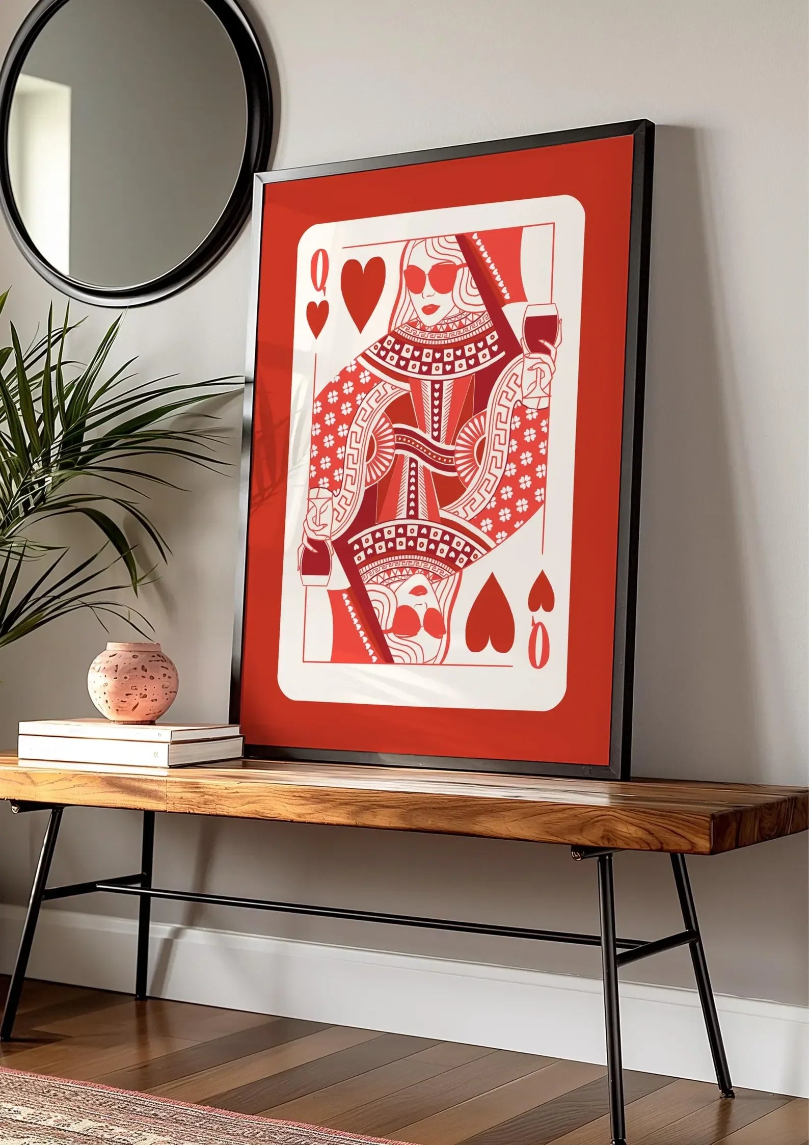 Queen of Hearts Wall Art Print | Colorful Playing Card Digital Download | Maximalist Card Decor | Dopamine Queen Illustration