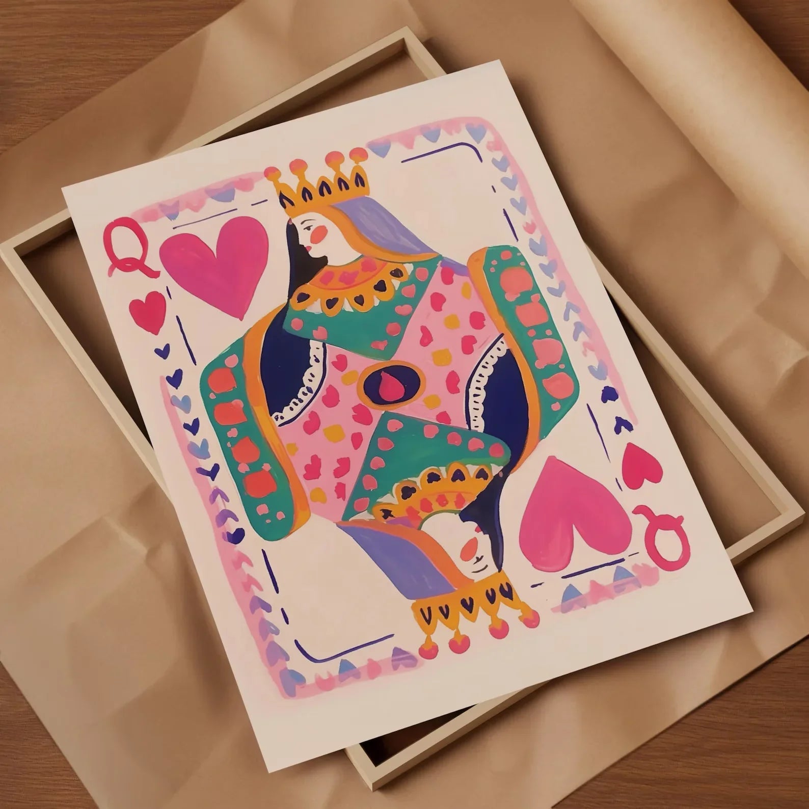 Queen of Hearts Wall Art Print | Colorful Playing Card Digital Download | Maximalist Card Decor | Dopamine Queen Illustration