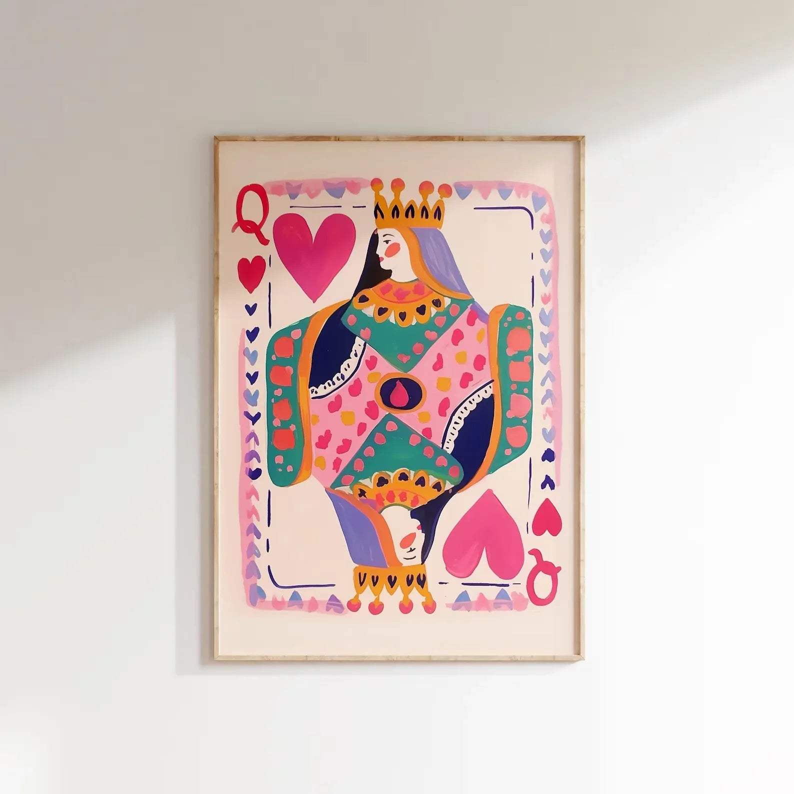 Queen of Hearts Wall Art Print | Colorful Playing Card Digital Download | Maximalist Card Decor | Dopamine Queen Illustration