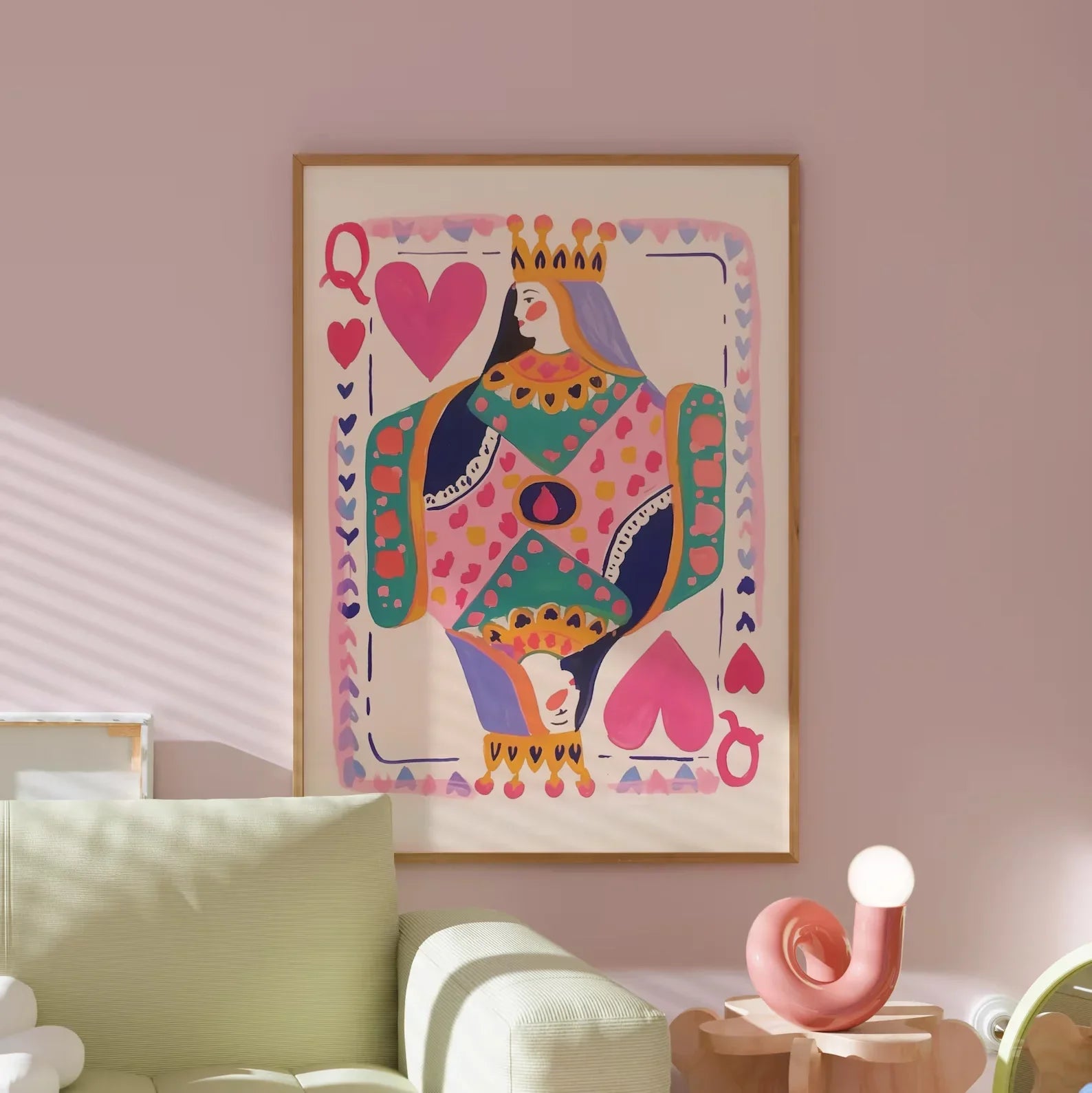 Queen of Hearts Wall Art Print | Colorful Playing Card Digital Download | Maximalist Card Decor | Dopamine Queen Illustration