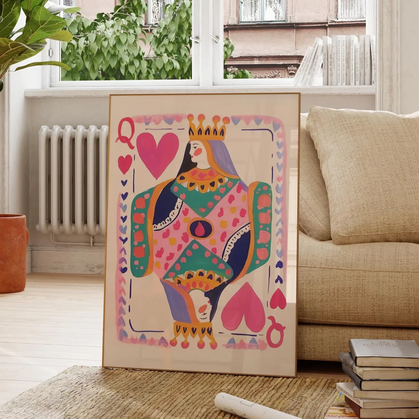 Queen of Hearts Wall Art Print | Colorful Playing Card Digital Download | Maximalist Card Decor | Dopamine Queen Illustration