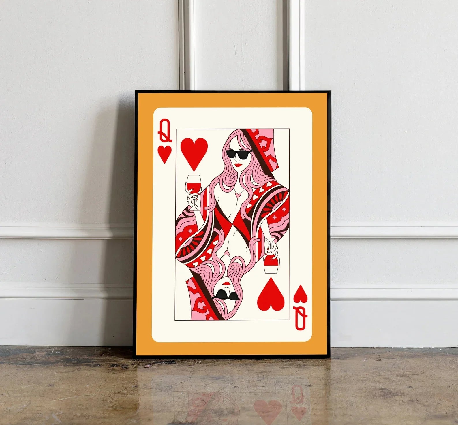 Queen of Hearts Wall Art Print | Colorful Playing Card Digital Download | Maximalist Card Decor | Dopamine Queen Illustration
